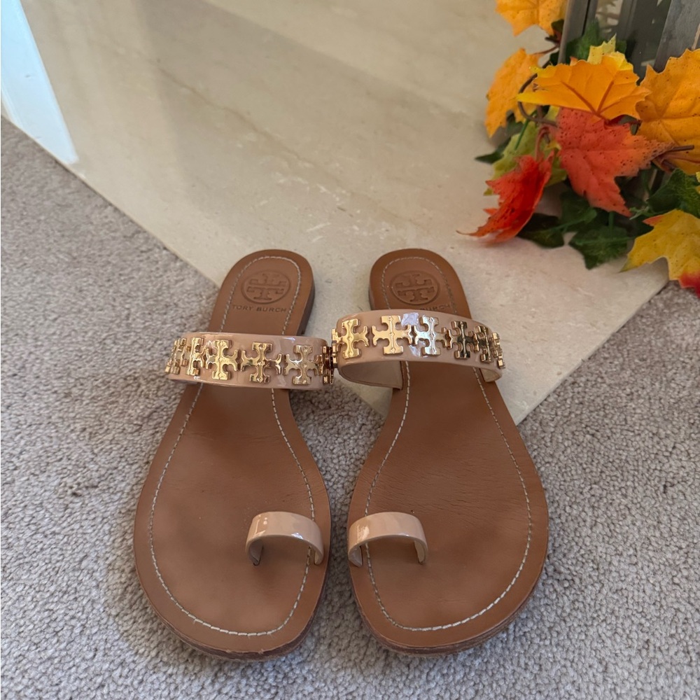 Tory Burch Val Logo Brown Sandals with Gold Accents